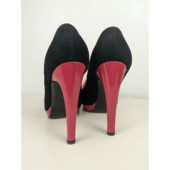 Casadei heels black pink suede ultra high sexy platform fur pompom sz 7 - Picture 10 of 12